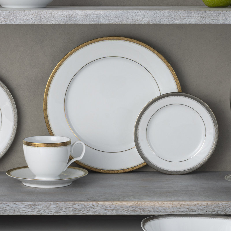 Charlotta Gold Trim White Porcelain 5-Piece Place Setting