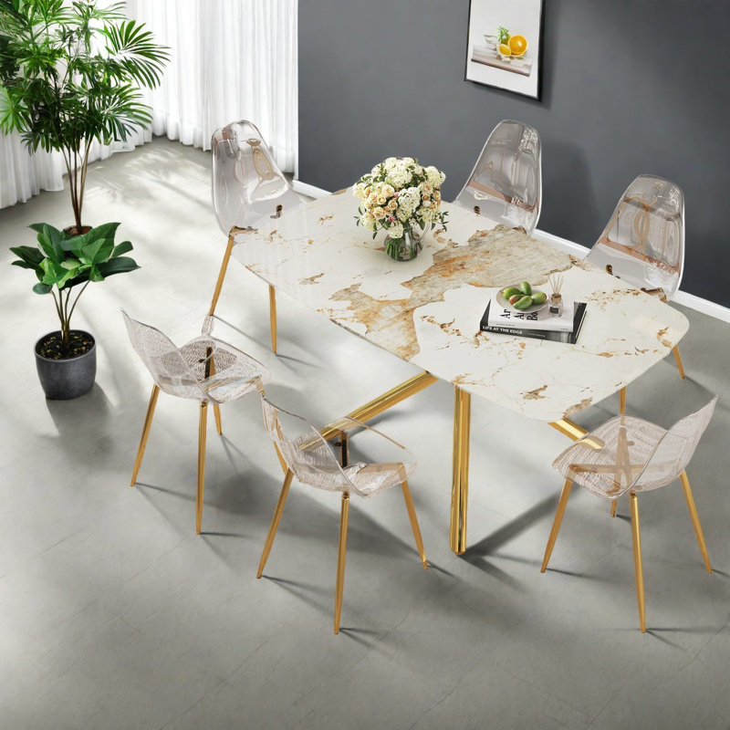 Luxueux ensembles de table de salle à manger en marbre avec des pieds en métal doré pour les cuisines modernes