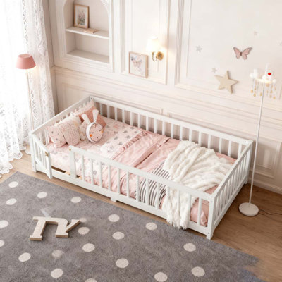 Queen Size Bed Floor Bed with Safety Guardrails and Door