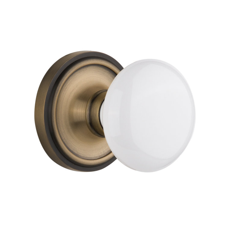 Classic Rosette with White Porcelain Door Knob, 2-3/4”, Antique Brass