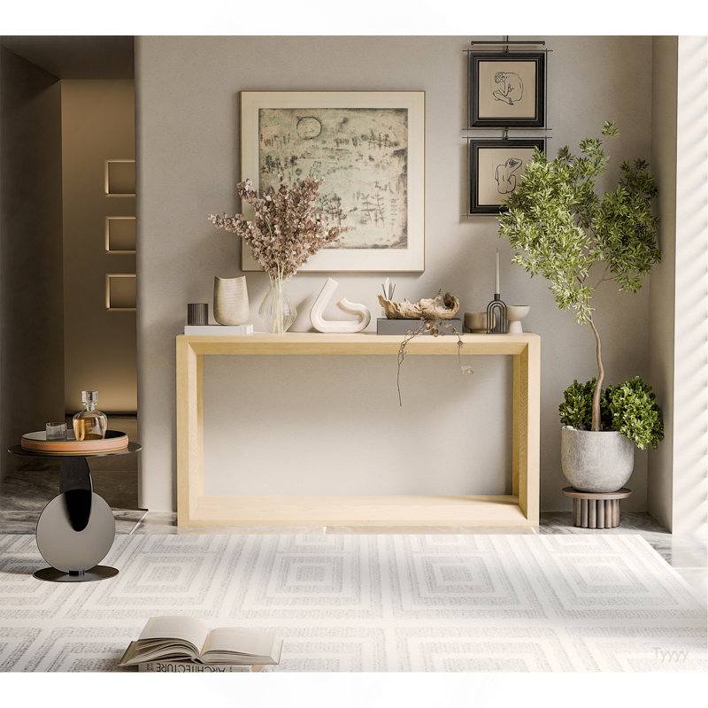 60" Rectangular Solid Wood Veneer Console Table, Wide Sofa Table,  Behind Couch Table With Ample Storage For Entryway & Living Room, Oak Wash