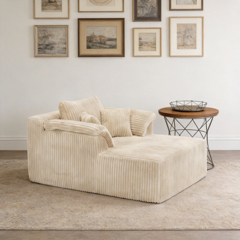 Chaise longue en velours côtelé avec accoudoirs et 3 coussins, sans assemblage pour le salon, Beige