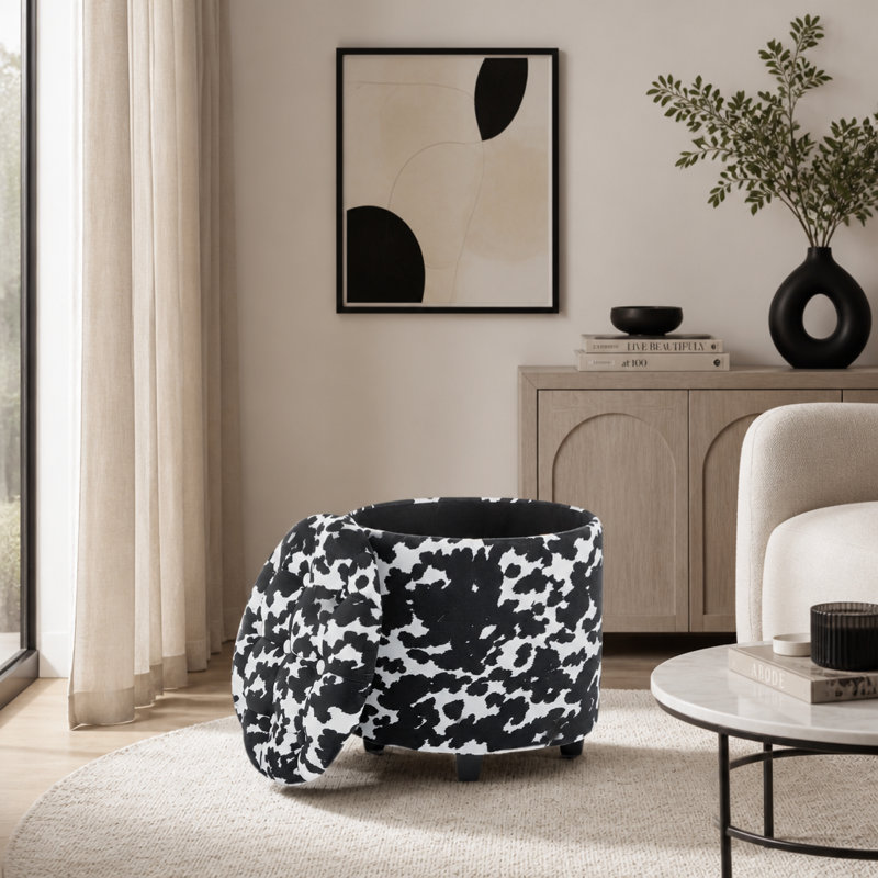 Repose-pieds rond capitonné avec rangement, Tissu, Blanc, noir