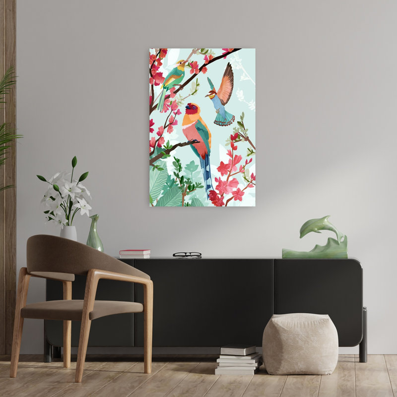 Art contemporain avec colibri abstrait et coloré, H 36 po x l 24 po