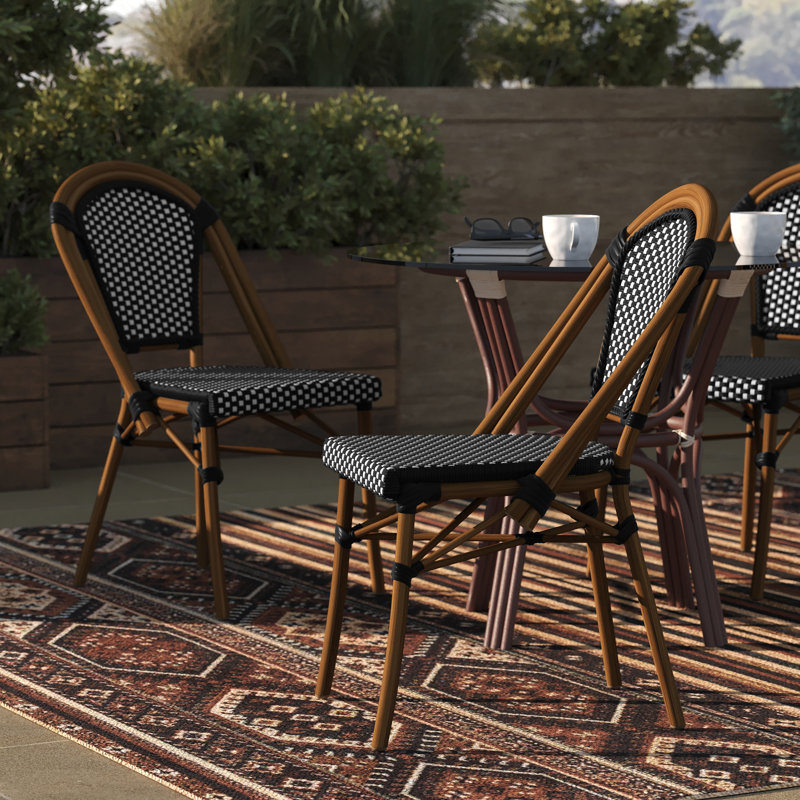 Black and White PE Rattan Armless Bistro Chairs with Bamboo Print Frame, Set of 2