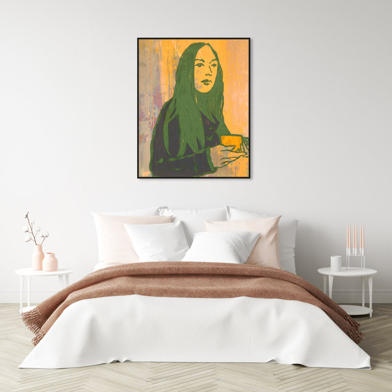 Lady Green Tea - peinture sur toile, Toile avec cadre noir, H 36 po x l 30 po