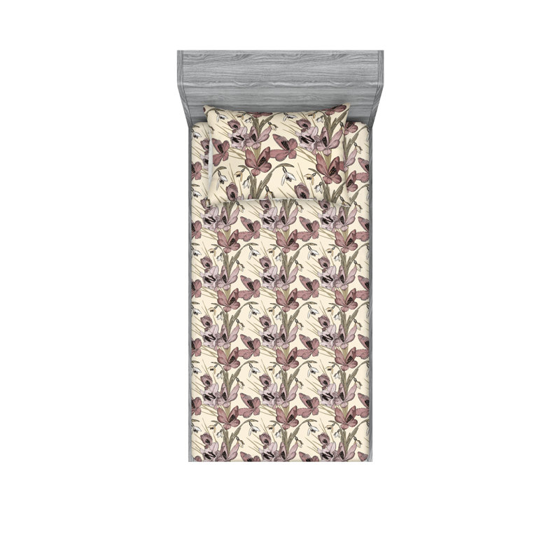 Ambesonne Fitted Sheet & Shams, Sage Green/Dried Rose Floral, Twin Sheet Set with 1 Pillowcase