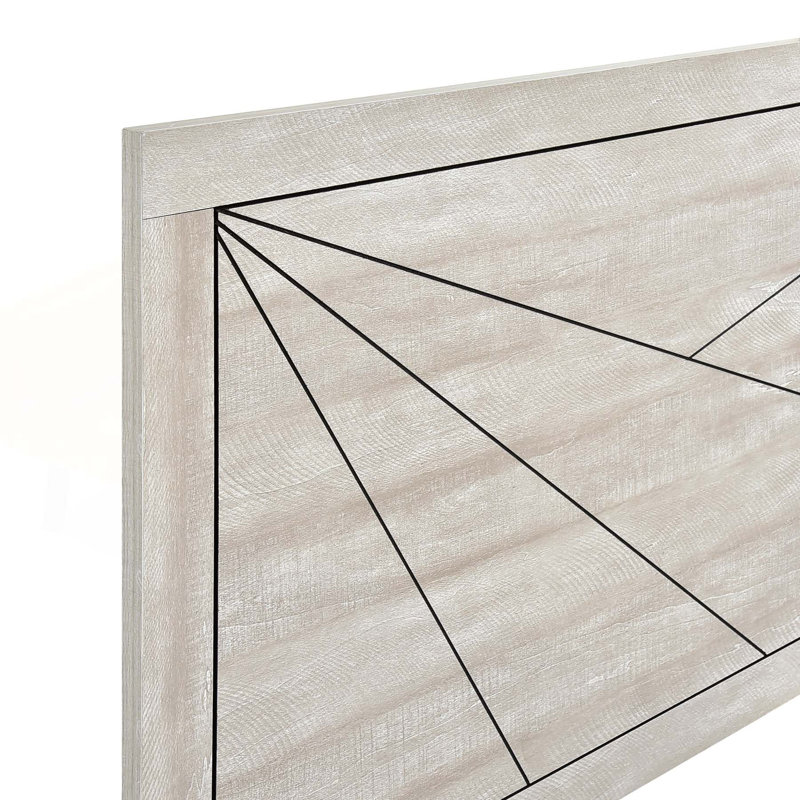 Très grand lit contemporain au fini chêne gris avec fabrication en bois durable et tête de lit à motif de lignes, Très grand