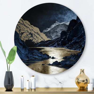 «Gold Frosted River And Mountain III - Forest River Mountains», art mural rond en métal