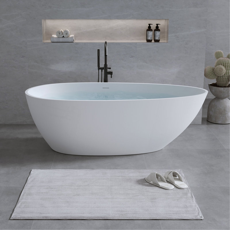 Baignoire mat 59 po à surface solide, baignoire autoportante en pierre de résine à surface solide, baignoire de trempage à surface solide blanc mat, baignoire autoportante avec trop-plein et bonde escamotable, blanc mat