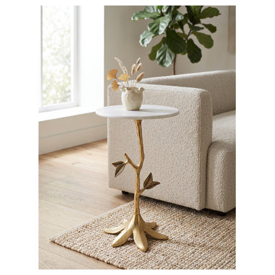 Table d'appoint Leafy Branch avec plateau en marbre blanc et base en aluminium doré, table d'appoint ronde de 14 po