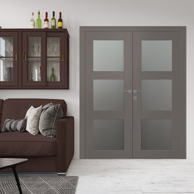 Avon 3 Lite DIY-Friendly Manufactured Wood and Frosted Glass Paneled Interior Double French Door