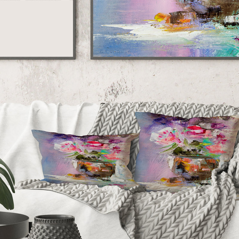 Bouquet de fleurs roses fraîches et abstraites - oreiller imprimé moderne, 18" x 18"