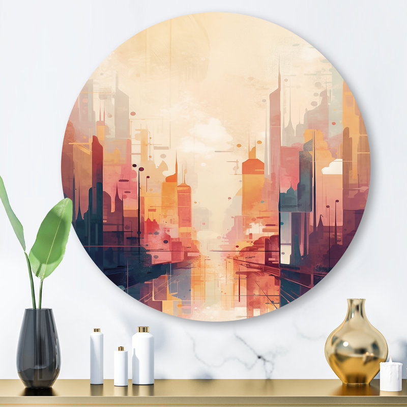 Modern Cubism Cityscape I - City Round Wall Art on Metal, 23" H x 23" W x 1" D