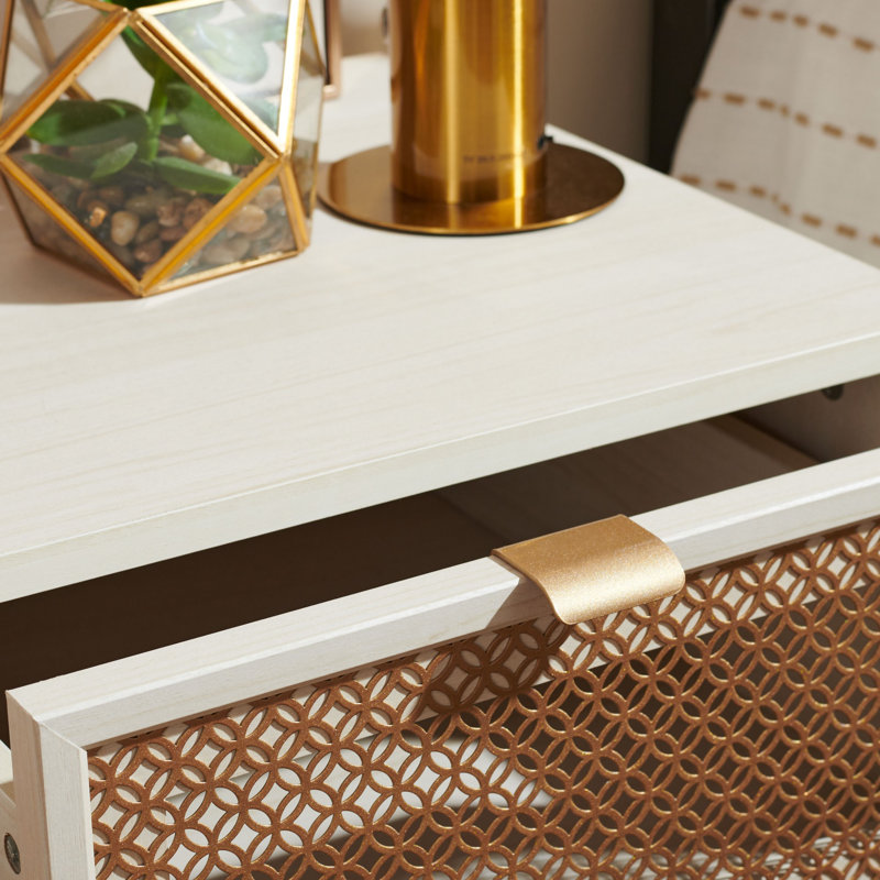 Cura 1 - Drawer Nightstand, Bleached White / Gold Mesh