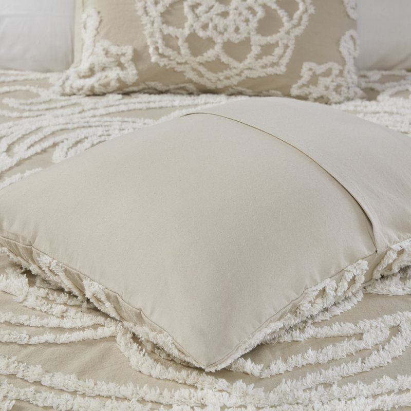 King Beige Cotton Chenille Medallion Fringe Coverlet Set
