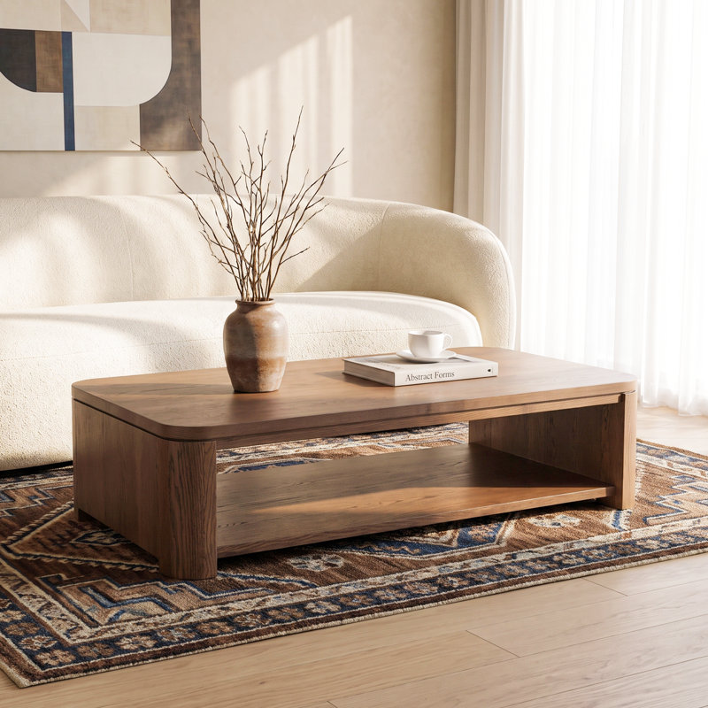 Table basse en chêne massif 60 po avec tablette de rangement inférieure Ovelo, Chêne / brun