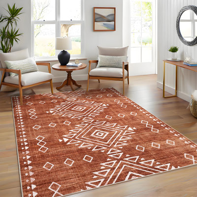 Boho Machine Washable Rug with Rubber Backing for Living Room Non-Slip Dining Room Rug Easy-Cleaning Floor Carpet for Bedroom Office Playroom_OKPHO_338N_Geometric_Brick Red