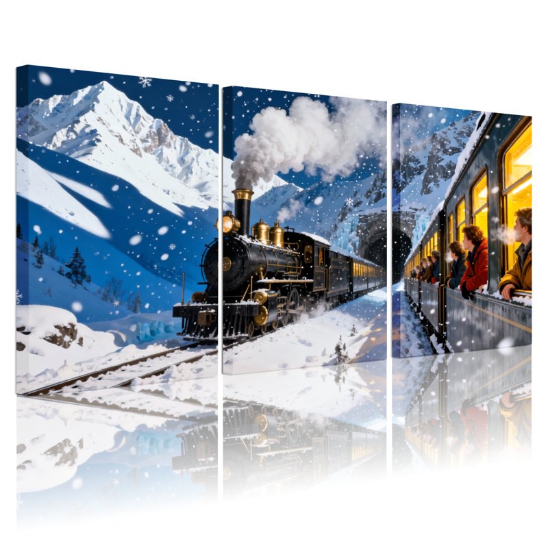 «Christmas Snowy Mountain Steam Train Winter», ensemble de 3 impressions d'art sur toile, H 18 po x l 36 po