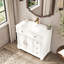 Meuble-lavabo autoportant de style Mid-Century, 90,4 cm (35,6 po), blanc, imperméable et design, tiroirs de rangement, lavabo profond, base à colonnes romaines, bois massif, poignées en métal, résistant à l'usure.