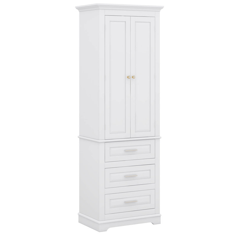 Tall Storage Cabinet With 3 Drawers, Adjustable Shelves & 2 Doors, Floor Freestanding Linen Cabinet For Bathroom, Living Room