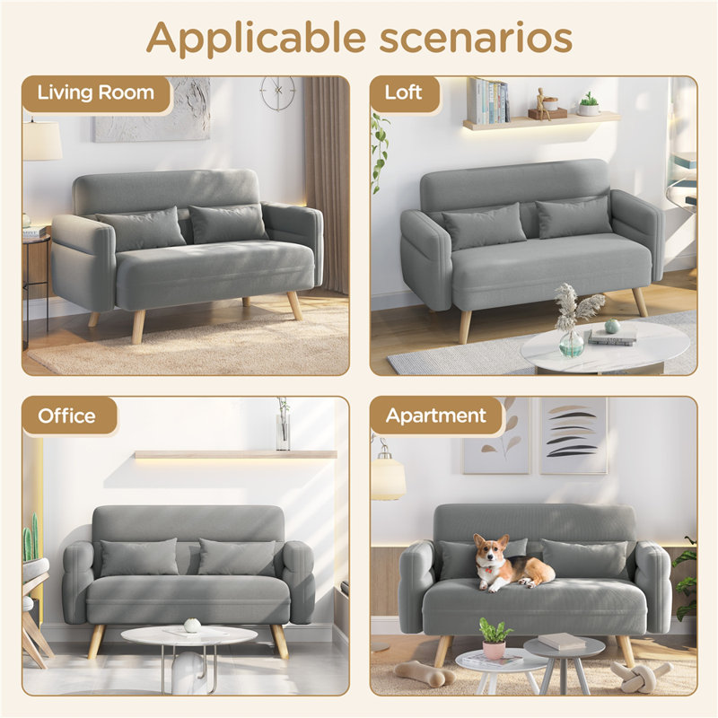  Modern Fabric Sofa Couch 2 Seater Sofa  Upholstered Loveseat, Light Grey