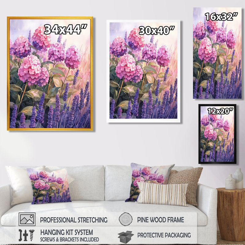 Elyse hortensias dans un champ de lavande I - hydrangées, art mural, H 60 po x l 28 po, Noir