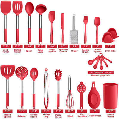 Ensemble d'ustensiles de cuisine en silicone, ensemble d'ustensiles de cuisine en acier inoxydable, résistant à la chaleur antiadhésif, rouge