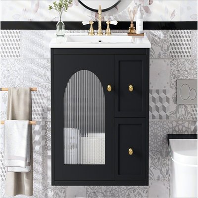 Ensemble de meuble-lavabo mural 24 po pour petit espace, armoire de salle de bain avec lavabo en céramique, 2 tiroirs et 1 porte à fermeture en douceur