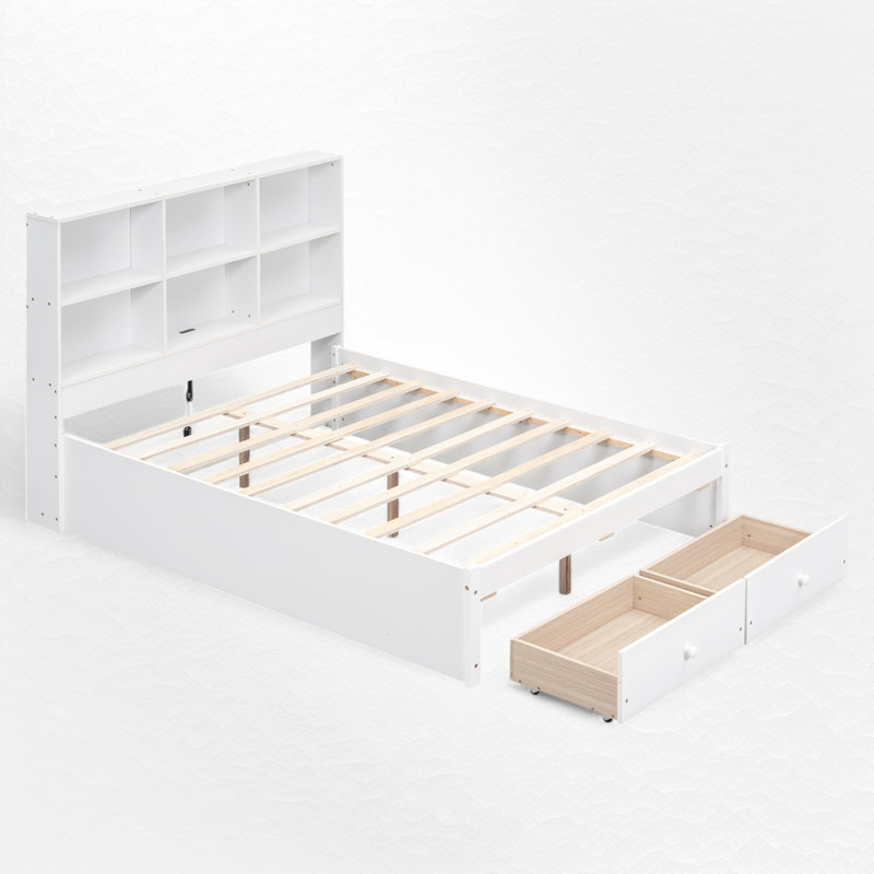 Wood Platform Bed With Storage Headboard, Full, White