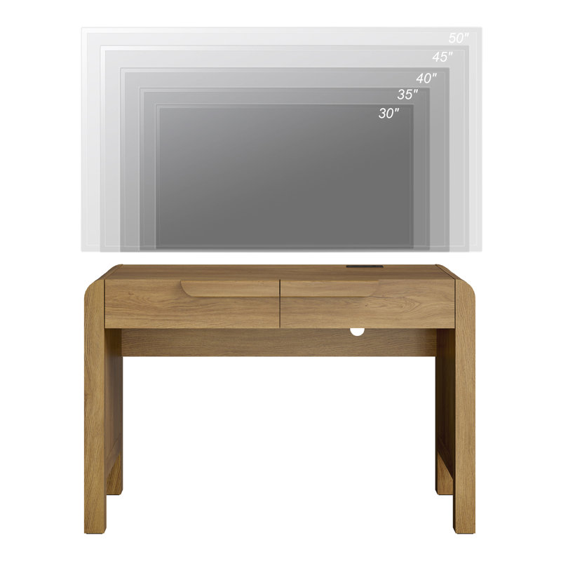 Bureau d'écriture en cascade courbé de 47,2 po de style Mid-Century avec 2 tiroirs, bureau d'ordinateur en bois avec station de charge, bureau pour bureau à domicile