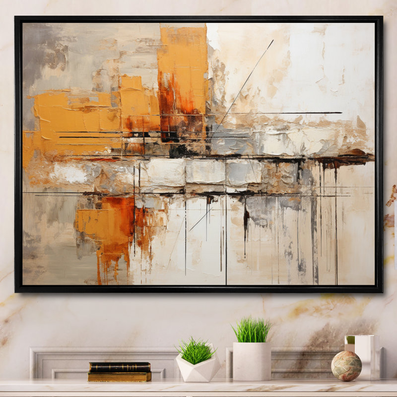 Georgean Orange Impressions II - Abstract Collages, art mural, Noir, H 16 po x l 32 po x P 1 po, Floater Framed Print