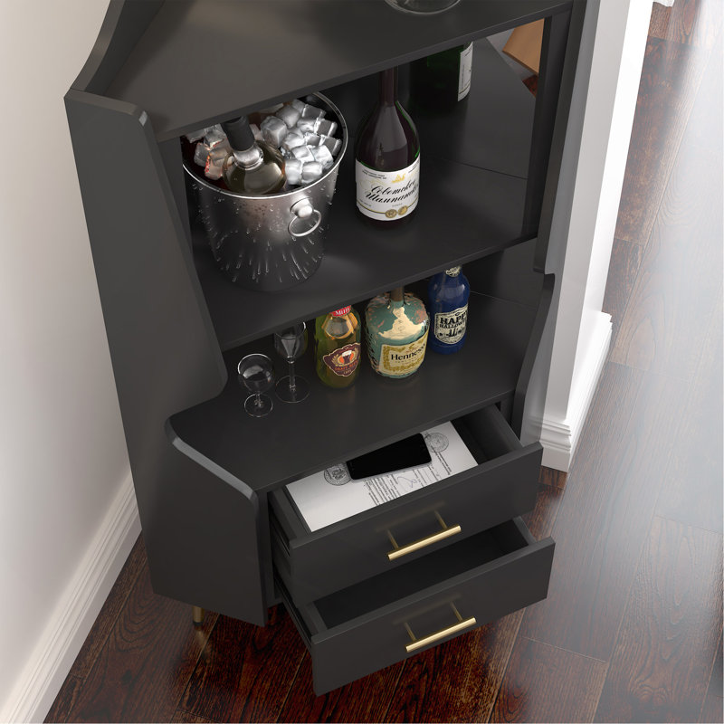Sideboard Wooden Corner Bar Cabinet With 2 Open Storage Shelves And 2-Drawers, Mirrored Back Cabinet, High Feet/Legs For Easy Cleaning, Buffet Cabinet Black