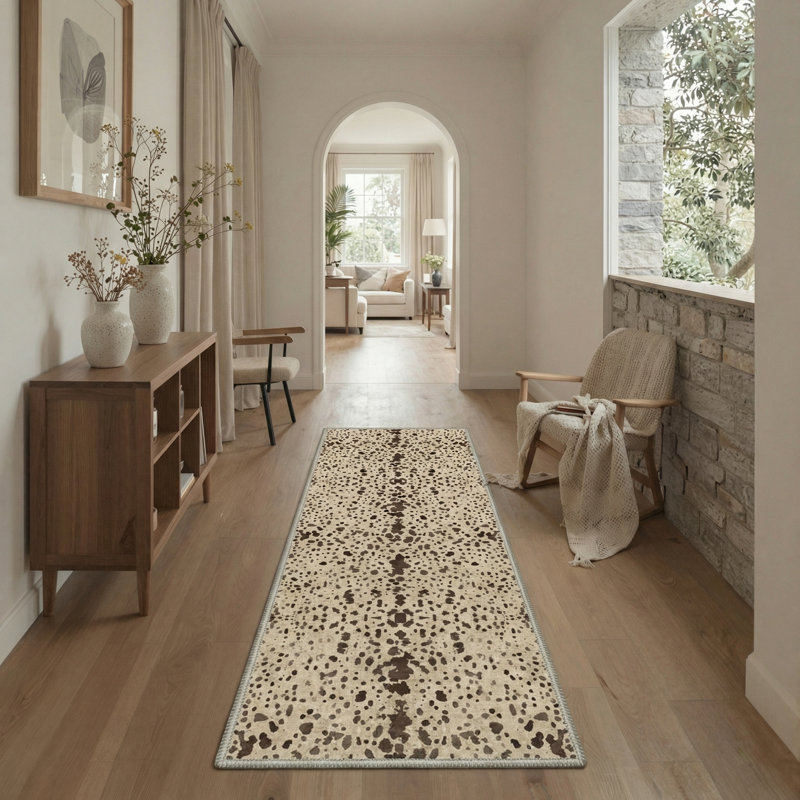 Cielo Animal Print Cowhide Machine Washable Mocha Beige Indoor Area Rug with Non-Slip Backing, Runner 2'5" x 8'