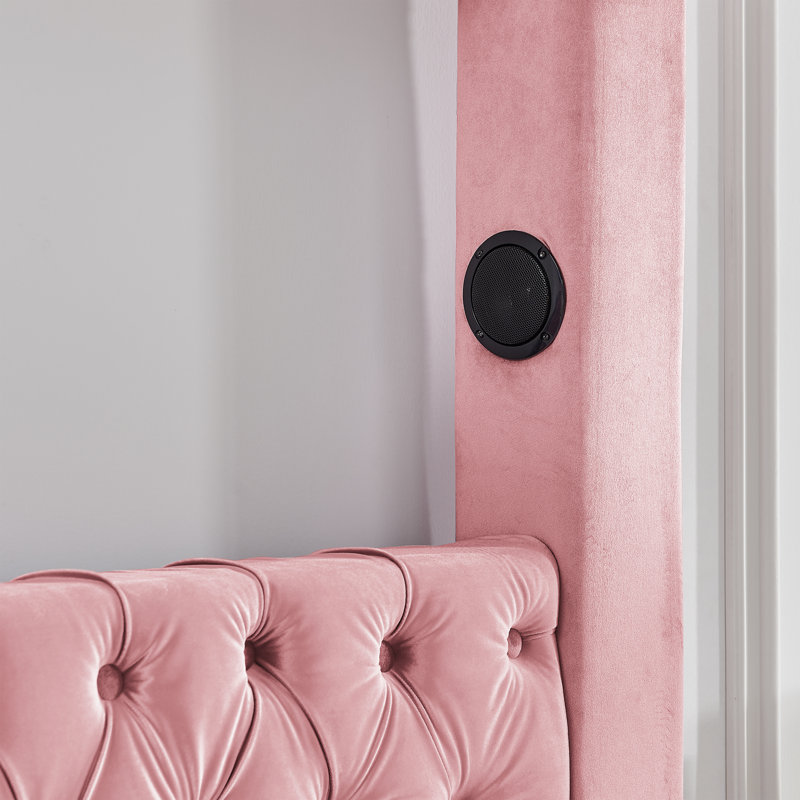 Lit plateforme Vesper Queen en velours avec baldaquin, haut-parleurs Bluetooth et port USB pour recharger, Rose