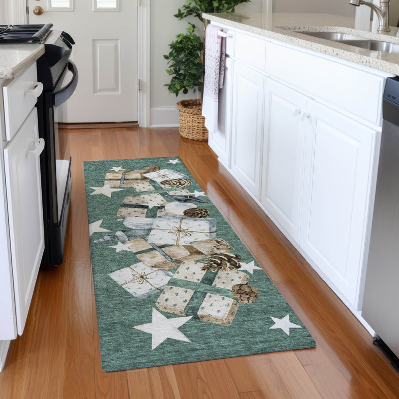 Machine Washable Indoor/Outdoor Christmas Presents Xhevrie Seafoam Rug, Runner 2'3" x 7'6"