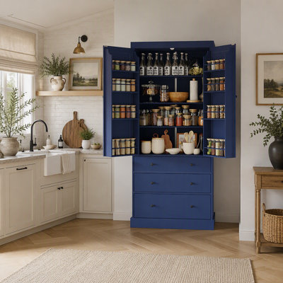 Armoire de rangement de style campagnard de 77 po avec 3 tablettes réglables, 8 tablettes de porte, 3 tiroirs pour la cuisine, la salle à manger, bleu