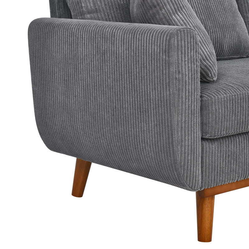 Velours côtelé gris Mid-Century 2 places avec pieds fuselés, accoudoirs évasés, structure en bois massif et coussins décoratifs pour les espaces compacts de style gris, avec appartements