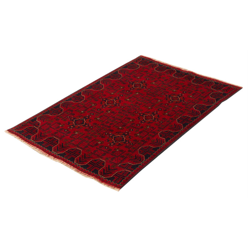 Tapis noir / rouge noué à la main de conception unique 3 pi 10 po x 6 pi 1 po Amelia