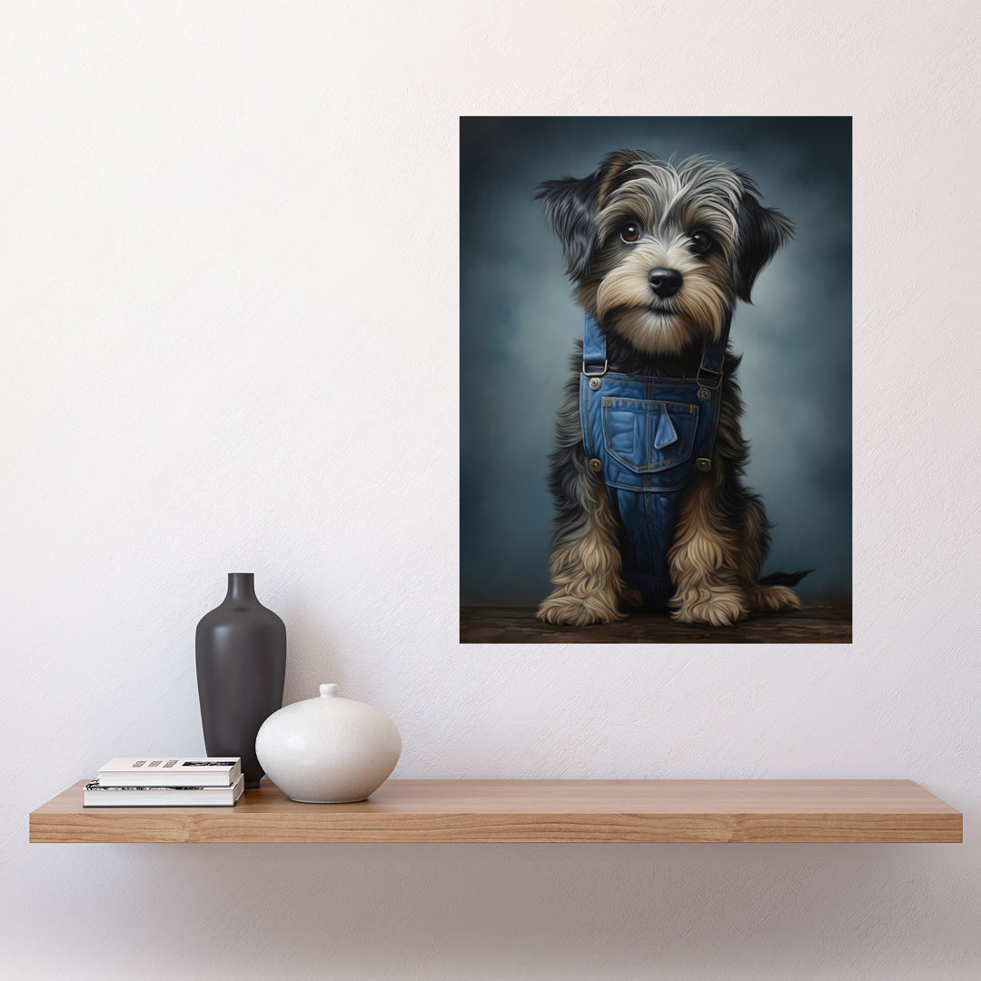 Wall Art Print Adorable Snorkie Dog in Jean Dungarees Realistic Artwork Fun Pet Portrait Poster