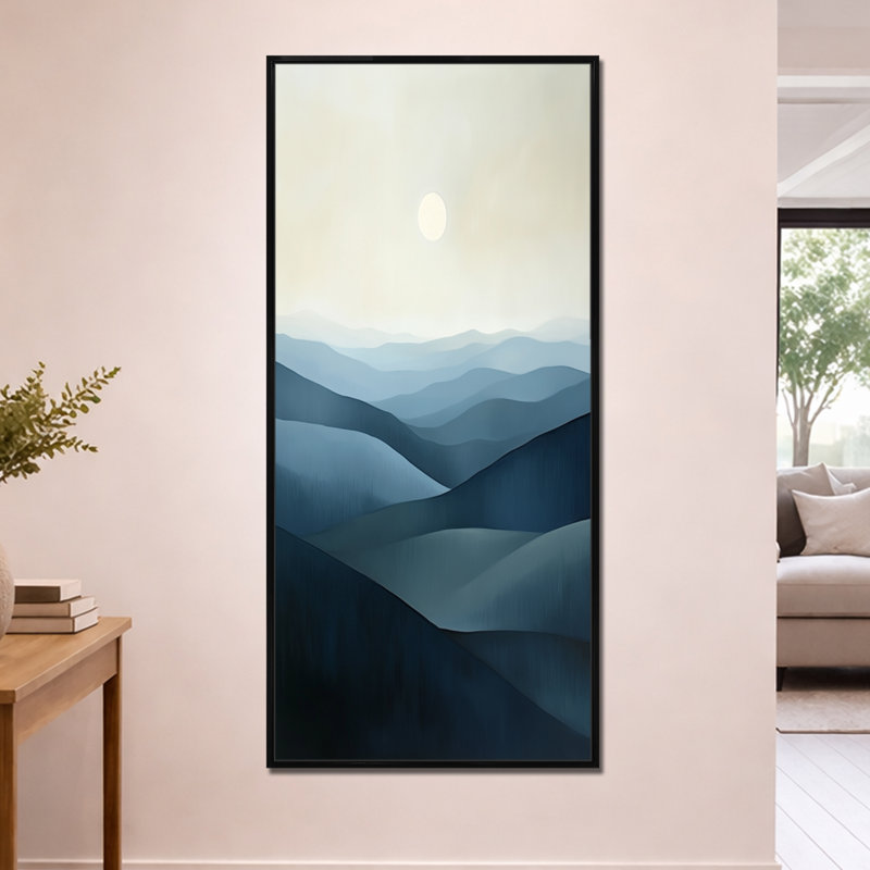 Crêtes du soleil pâle I - Tableau abstrait bleu encadré, H 60 po x l 28 po, Cadre flottant noir