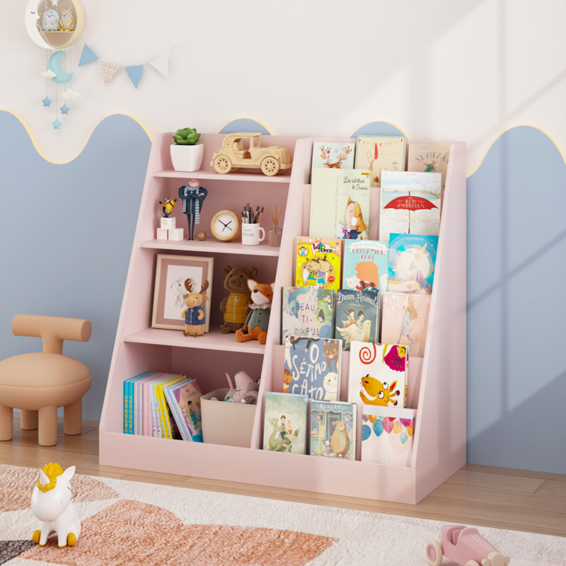 Multifunctional 4 Tier Wooden Kids Book Shelf with  Bookcase Display Stand, Pink