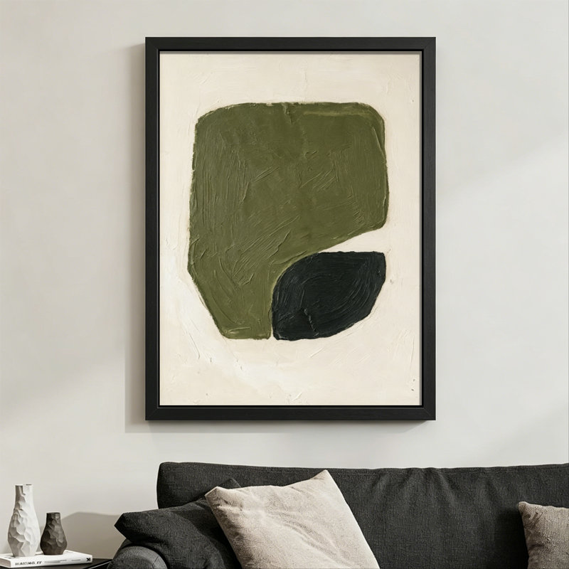 Abstrait moderne Grande forme vert olive avec une forme noire plus petite, style de peinture à l'huile texturée. Toile encadrée 24 "x 36" avec cadre en bois noir