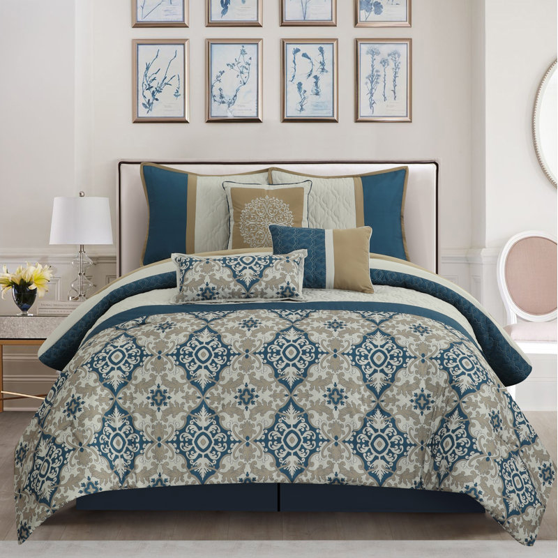 Queen Blue and Beige Microfiber Damask Comforter Set
