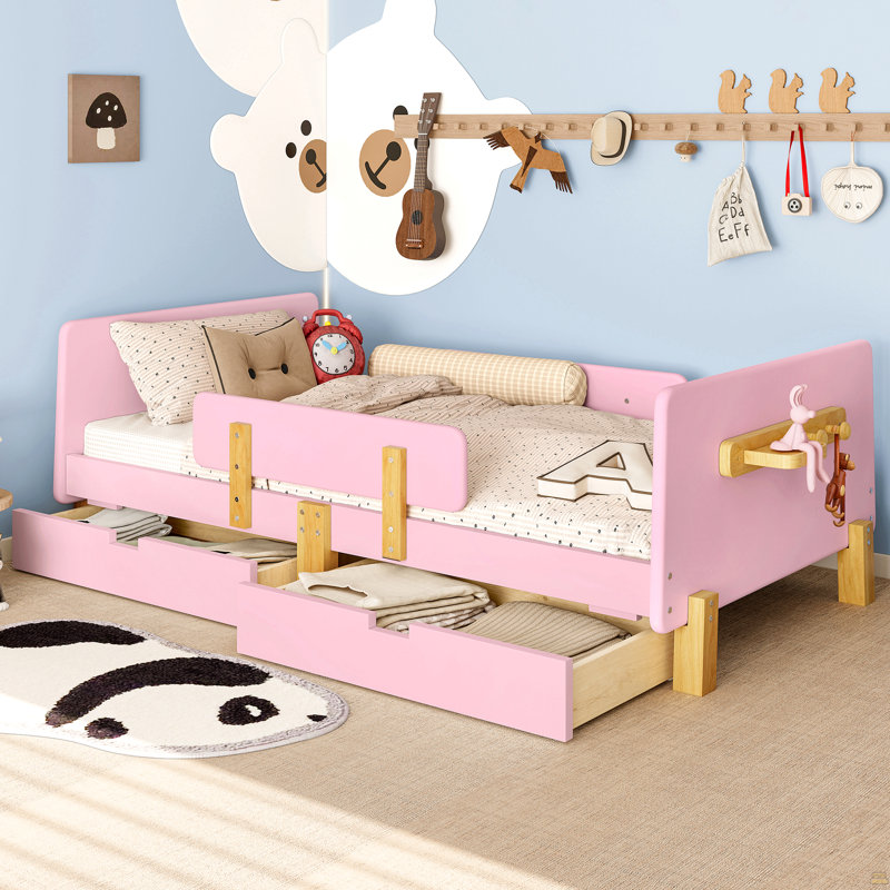 Lit plateforme simple avec tiroirs de rangement, structure de lit en bois massif avec garde-corps, Lit simple, Rose