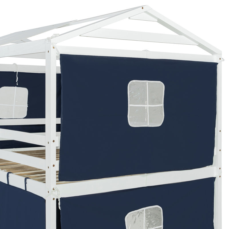 Full Size Bunk Wood House Bed With Tent, Blue+White, Blue
