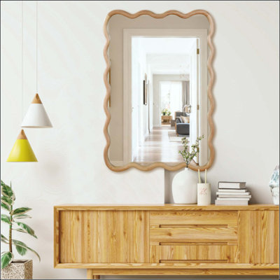 Wavy Rectangle Solid Wood Frame Mirror, Bohemian Distortion-Free Decorative Wall Mirror for Bathroom Bedroom Living Room Entryway