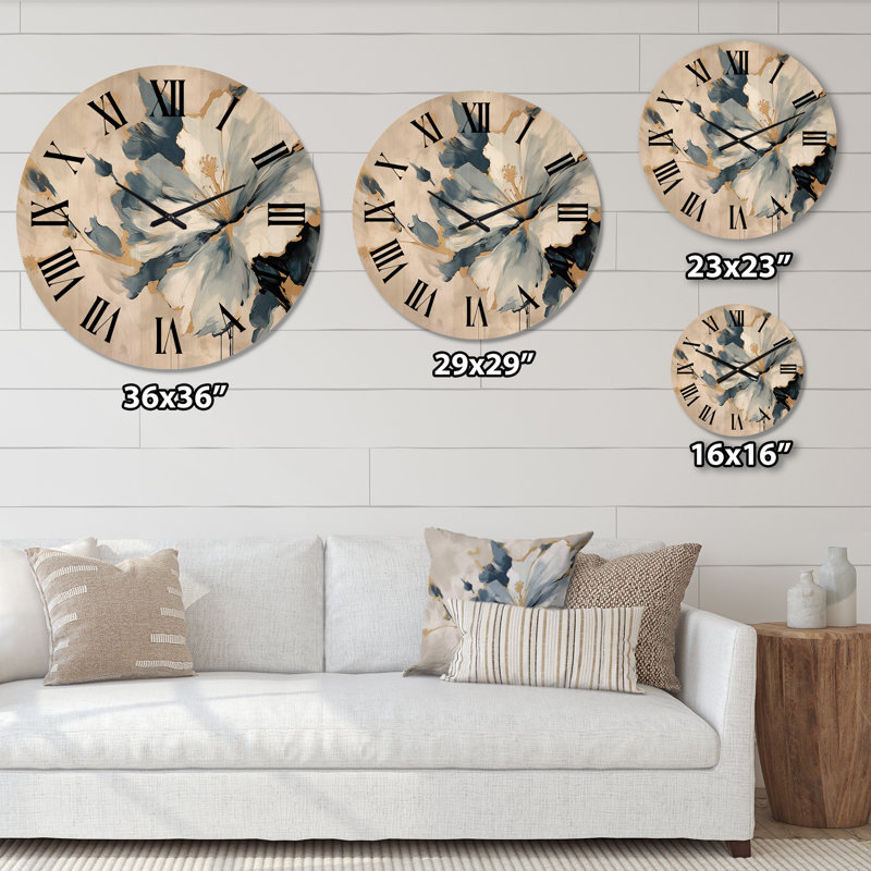 Horloge murale surdimensionnée en bois avec fleurs bleues et blanches Hibiscus Tropical Harmony, Petit