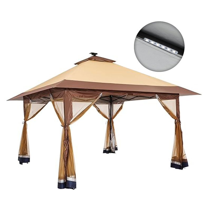 Brown Polyester 12x12 Pop-Up Gazebo with Solar LED Lights