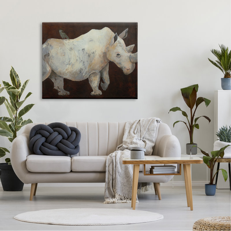 Oiseau perché sur un rhinocéros, portrait contemporain par Roberta Dyer, L 19 po x H 13 po, Toile tendue